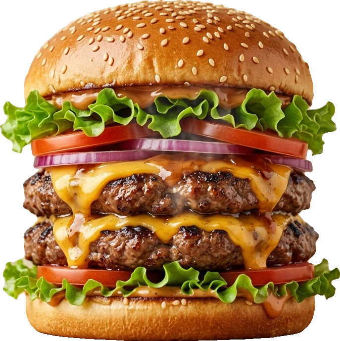 A double Burger Bros cheeseburger — two flame-grilled patties, melted cheese, lettuce, tomato and red onion in a toasted sesame bun.